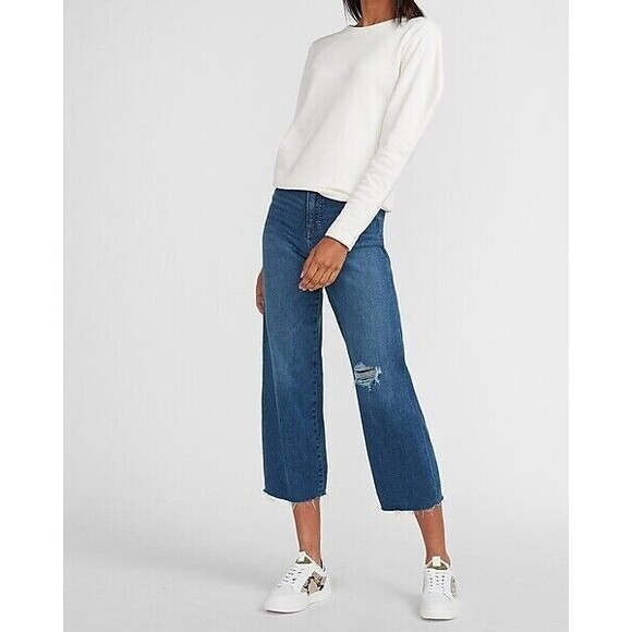Express Denim - EXPRESS Cropped Wide Leg Jeans  Women's 8  High Rise w Raw Hem  Ripped Denim